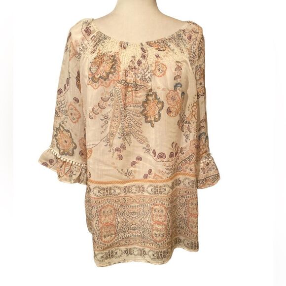 New Direction Blouse Size Large Floral Bell Sleeve Gathered Neck - Picture 1 of 11